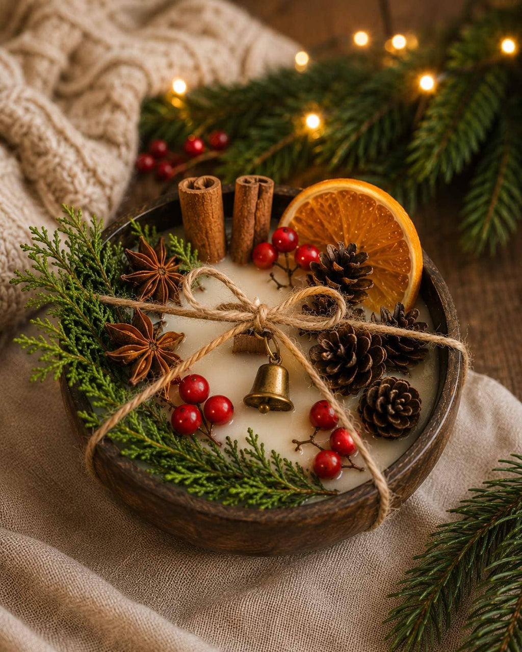 Christmas Wood Wick Candle in Wooden Bowl | Christmas Decor