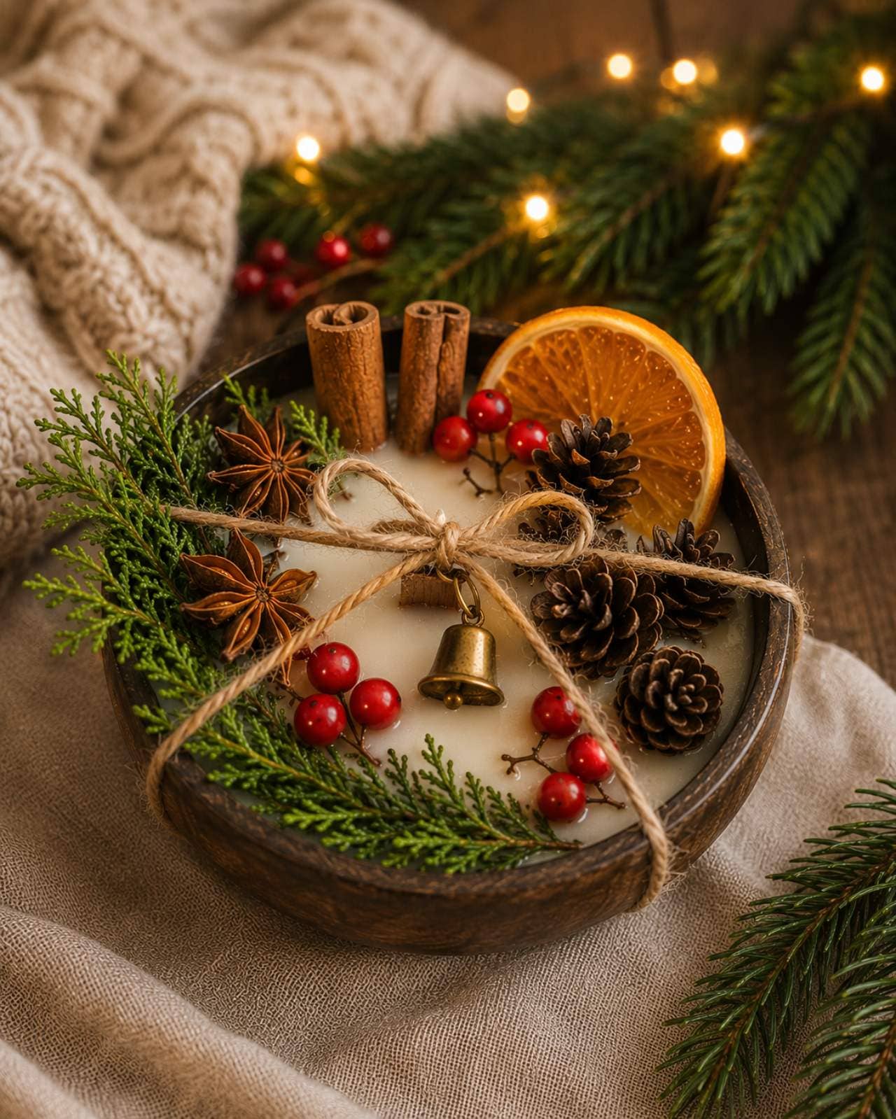 Christmas Wood Wick Candle in Wooden Bowl | Christmas Decor