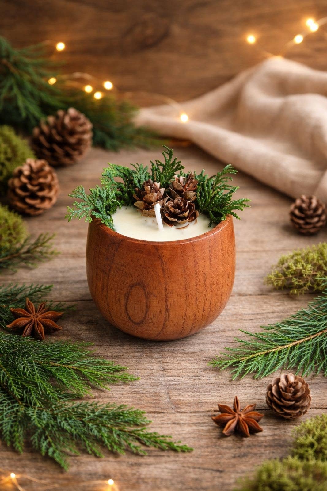 Winter Forest Soy Candle, Wooden Bowl Candle, Rustic Holiday