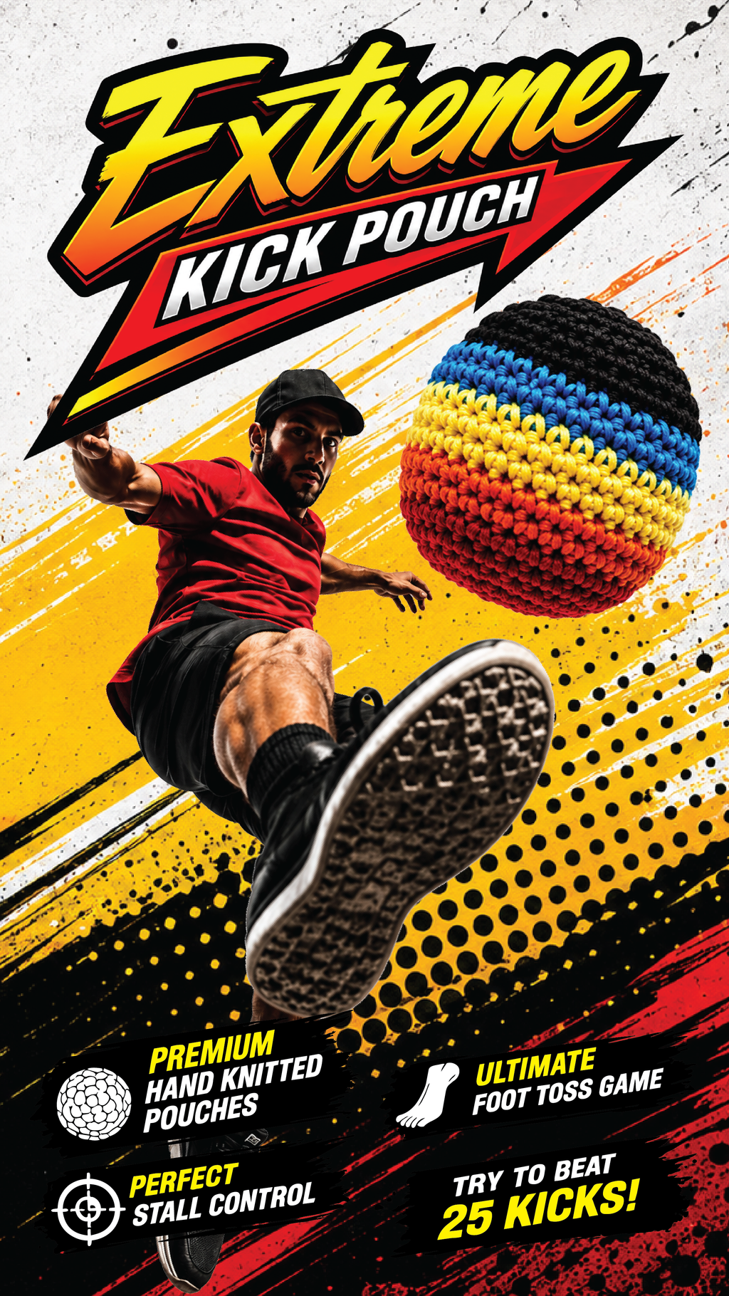 Extreme Retro Hand-Knitted Kick Pouch Footbag - 12/Display