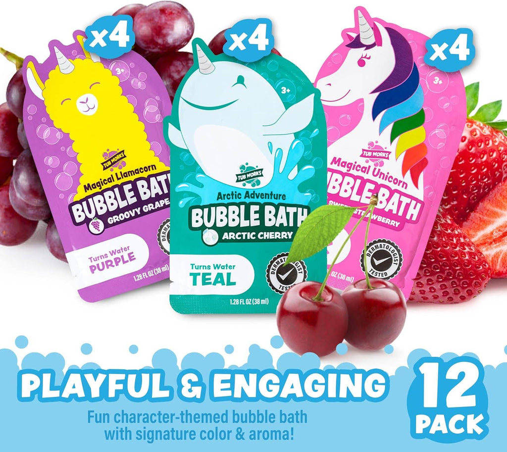 Tub Works® Magical Kids Bubble Bath, Variety 12 Pack | Pink, Purple & Teal Bath Colors