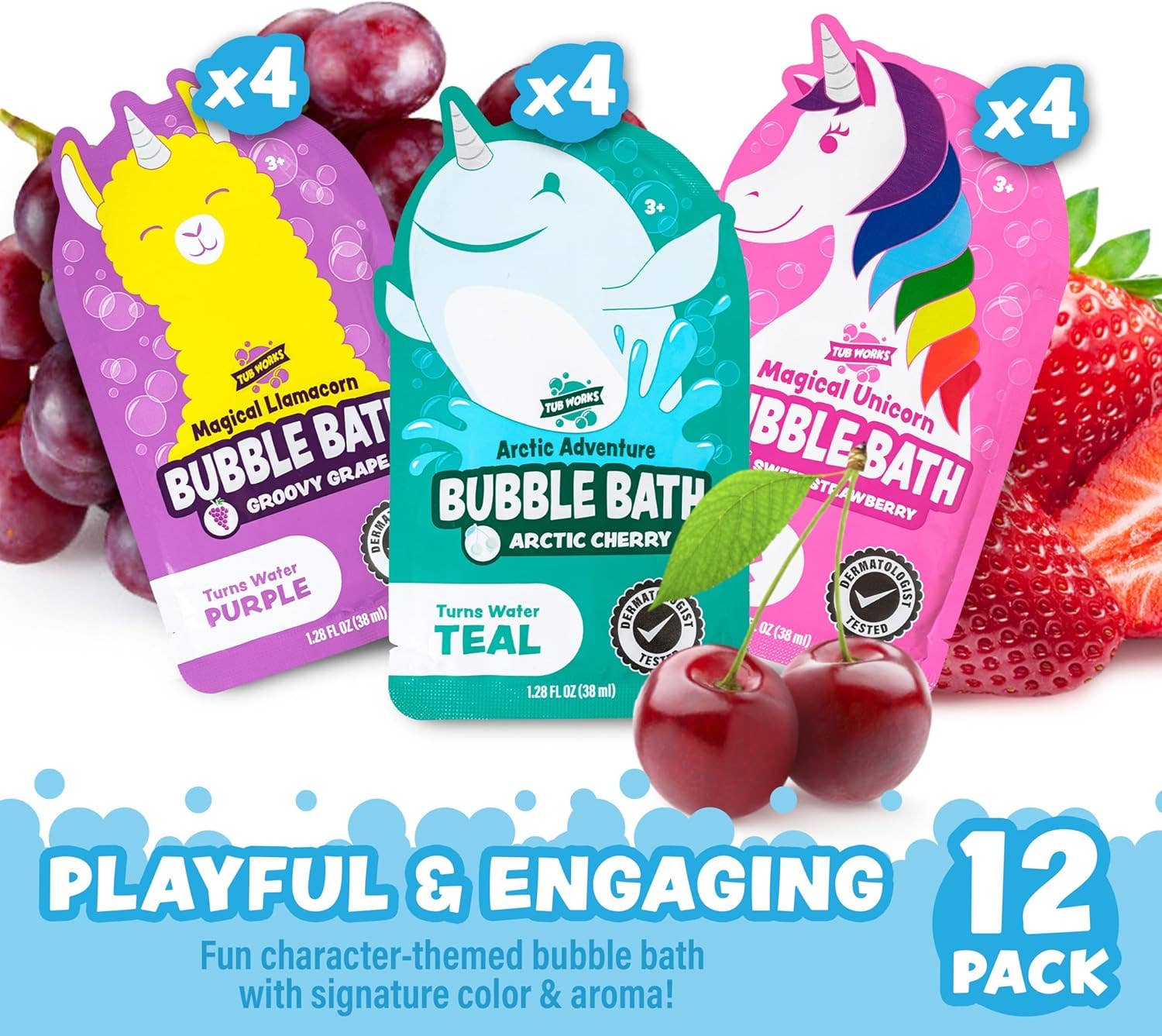 Tub Works® Magical Kids Bubble Bath, Variety 12 Pack | Pink, Purple & Teal Bath Colors