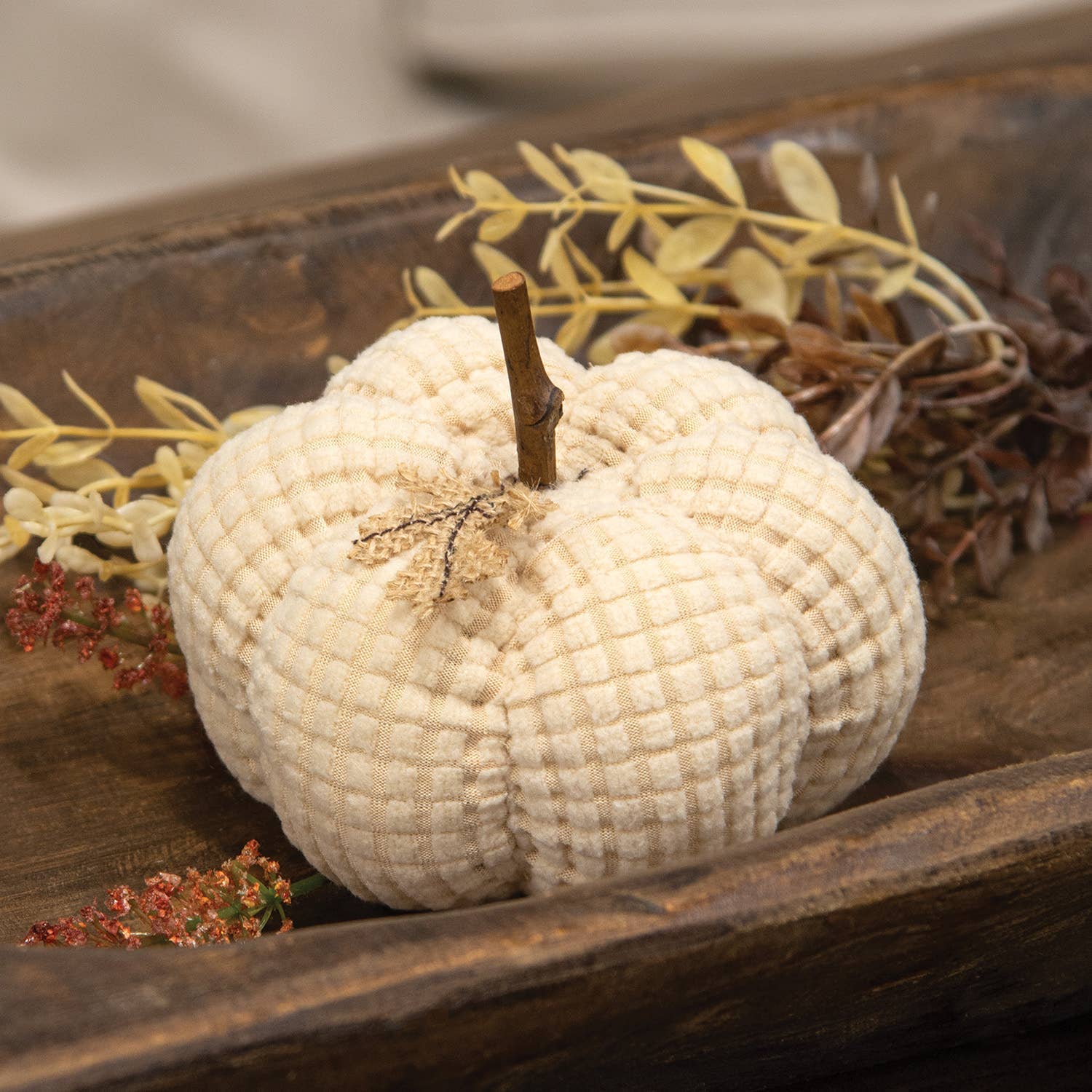 Ivory Waffle Weave Pumpkin w/Burlap Leaves - 4.75" dia.