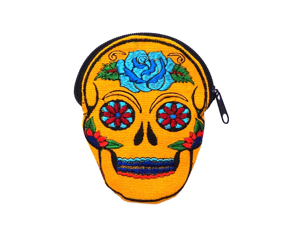 Sugar Skull Face Embroidered Floral Suede Coin Purse Pouch