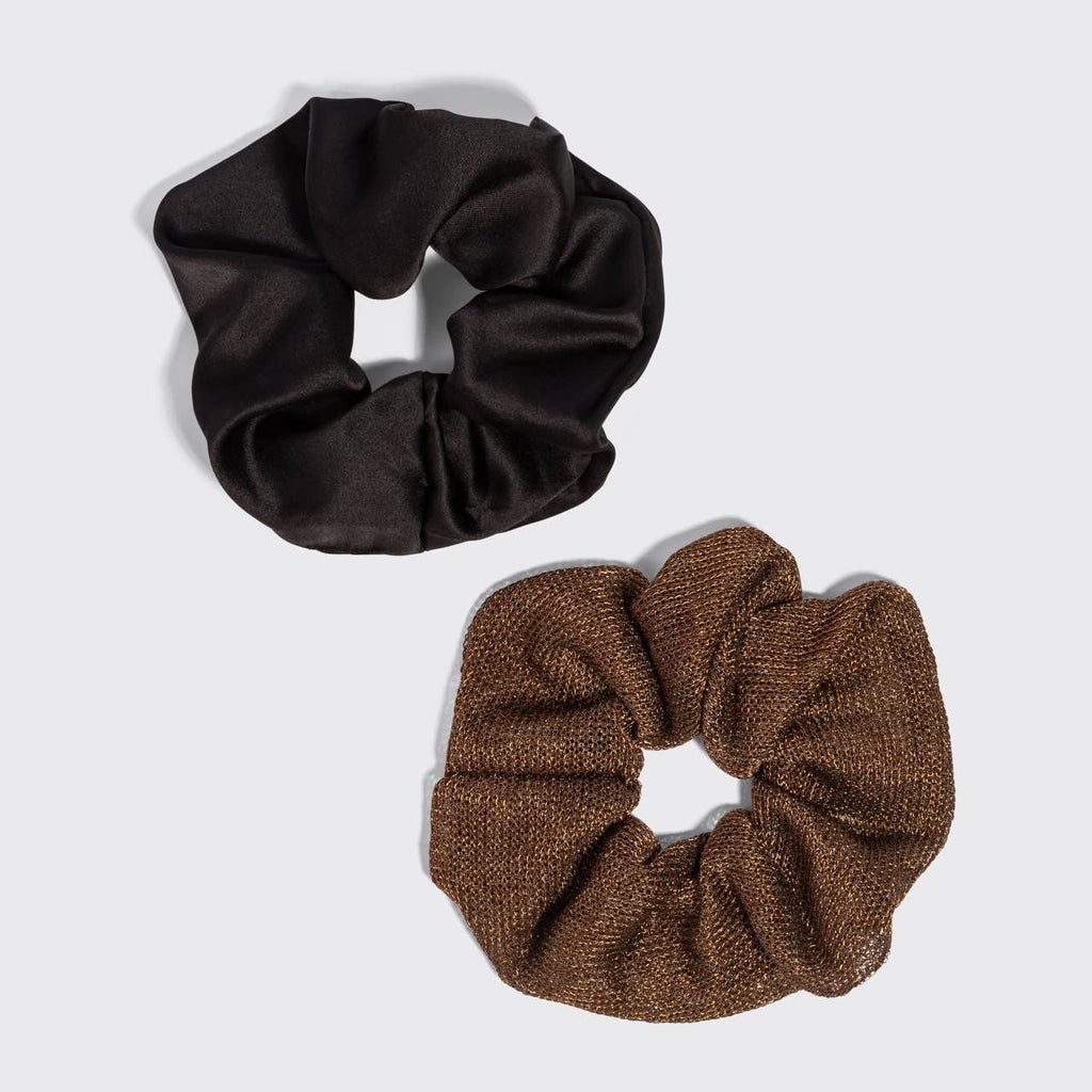 Metallic Mesh and Recycled Fabric Satin Scrunchies 2pc Set - Black & Chocolate