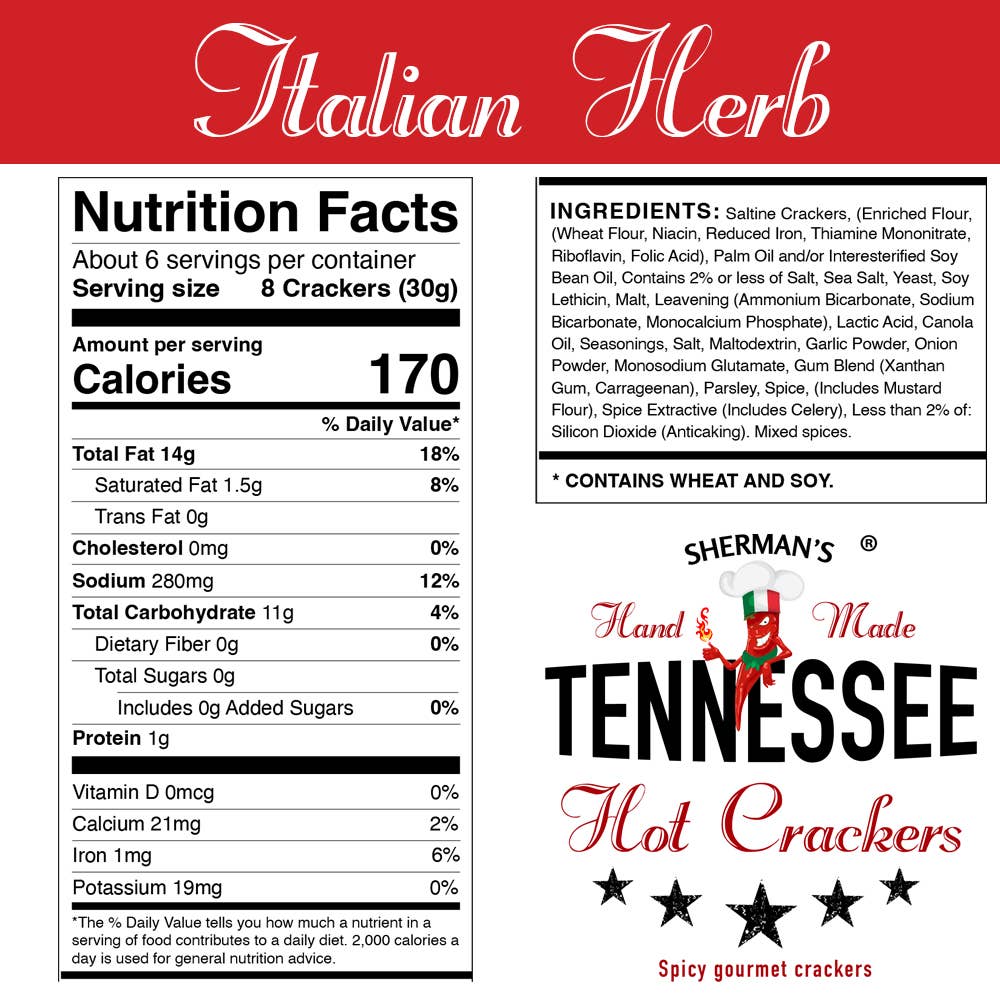 New! Sherman Tennessee Hot Crackers Italian Herb Flavor 30CT