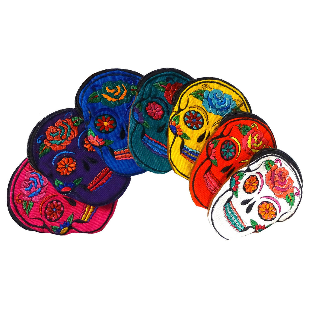 Sugar Skull Face Embroidered Floral Suede Coin Purse Pouch