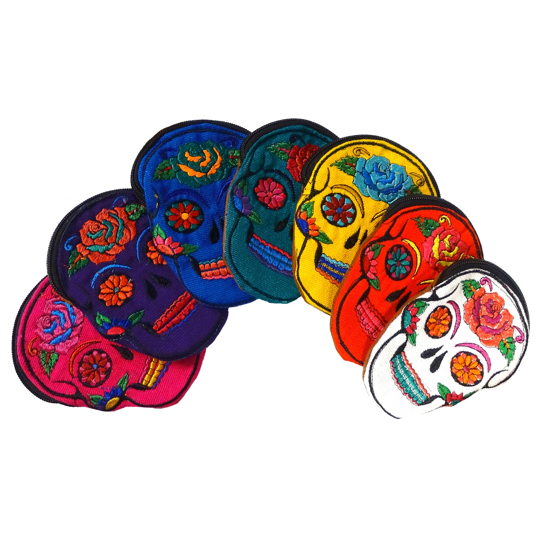 Sugar Skull Face Embroidered Floral Suede Coin Purse Pouch
