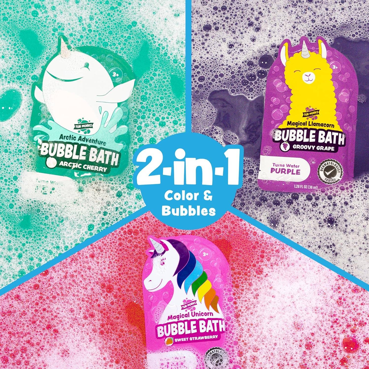 Tub Works® Magical Kids Bubble Bath, Variety 12 Pack | Pink, Purple & Teal Bath Colors