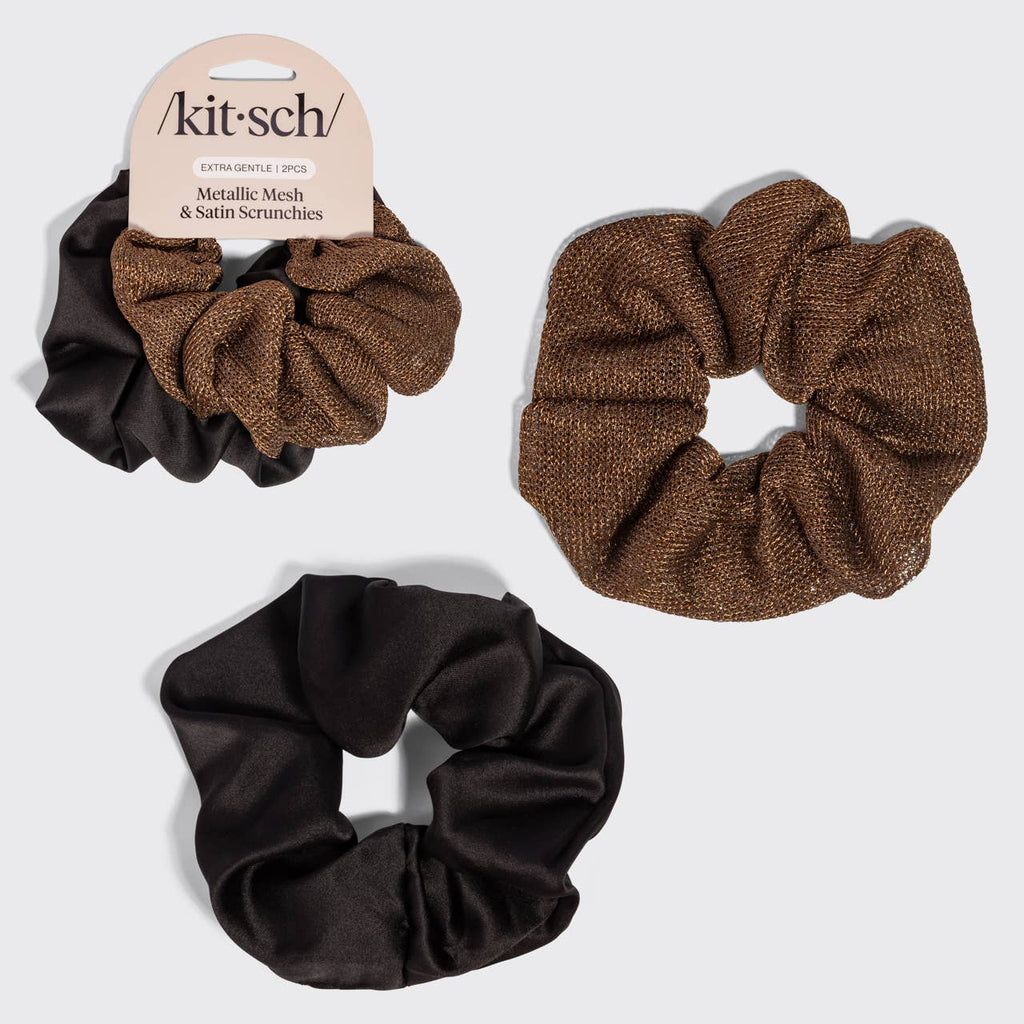 Metallic Mesh and Recycled Fabric Satin Scrunchies 2pc Set - Black & Chocolate