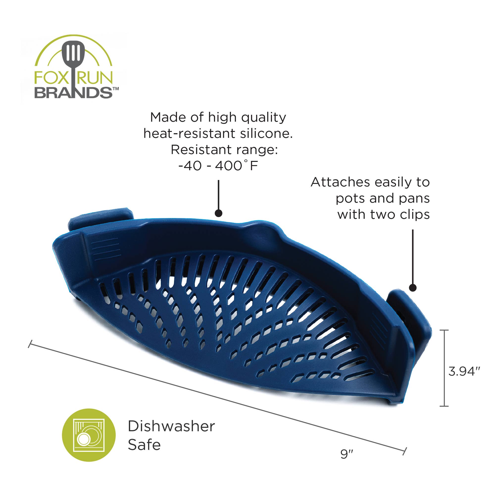 Fox Run Silicone Clip On Pot Strainer, 9” x 3.8” x 2.4”