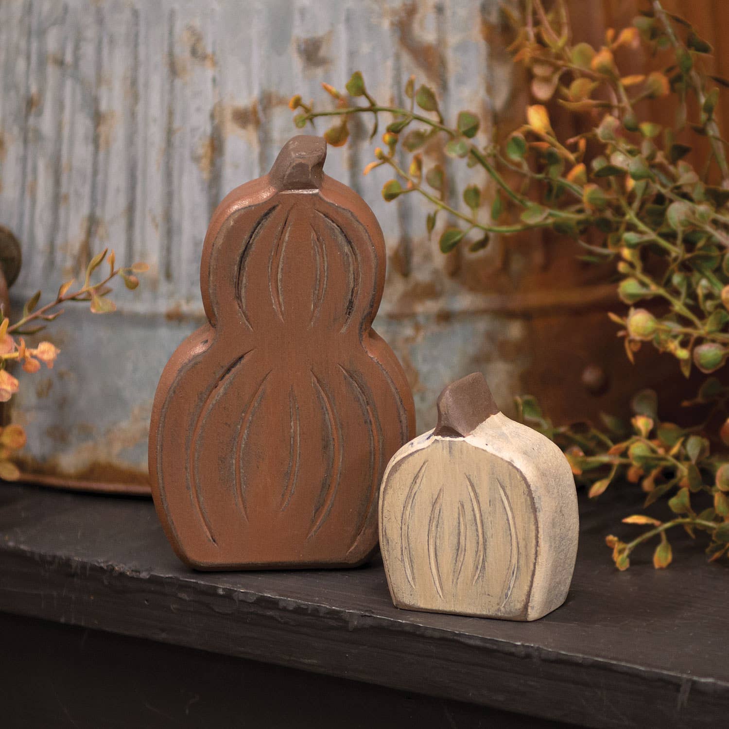 2/Set, Mini Engraved Wooden Pumpkin & Gourd Sitter