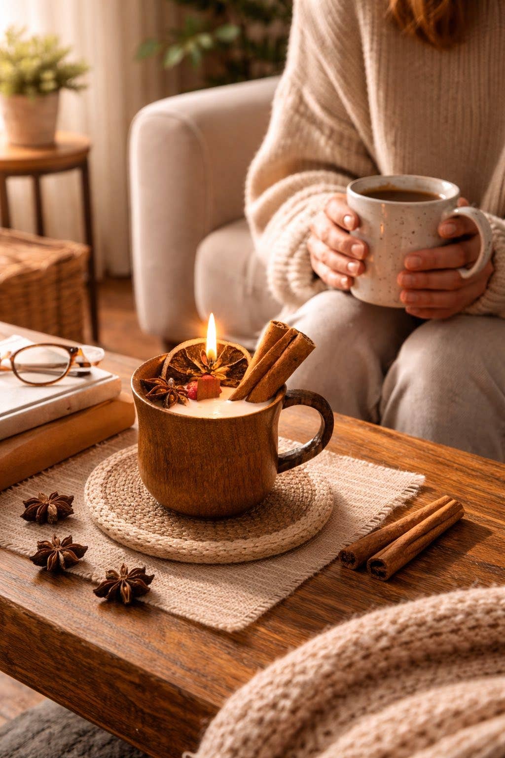 Pumpkin Spice Candle in Wooden Mug | Autumn Decor Soy Candle