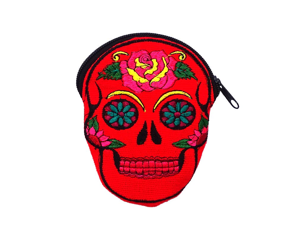 Sugar Skull Face Embroidered Floral Suede Coin Purse Pouch