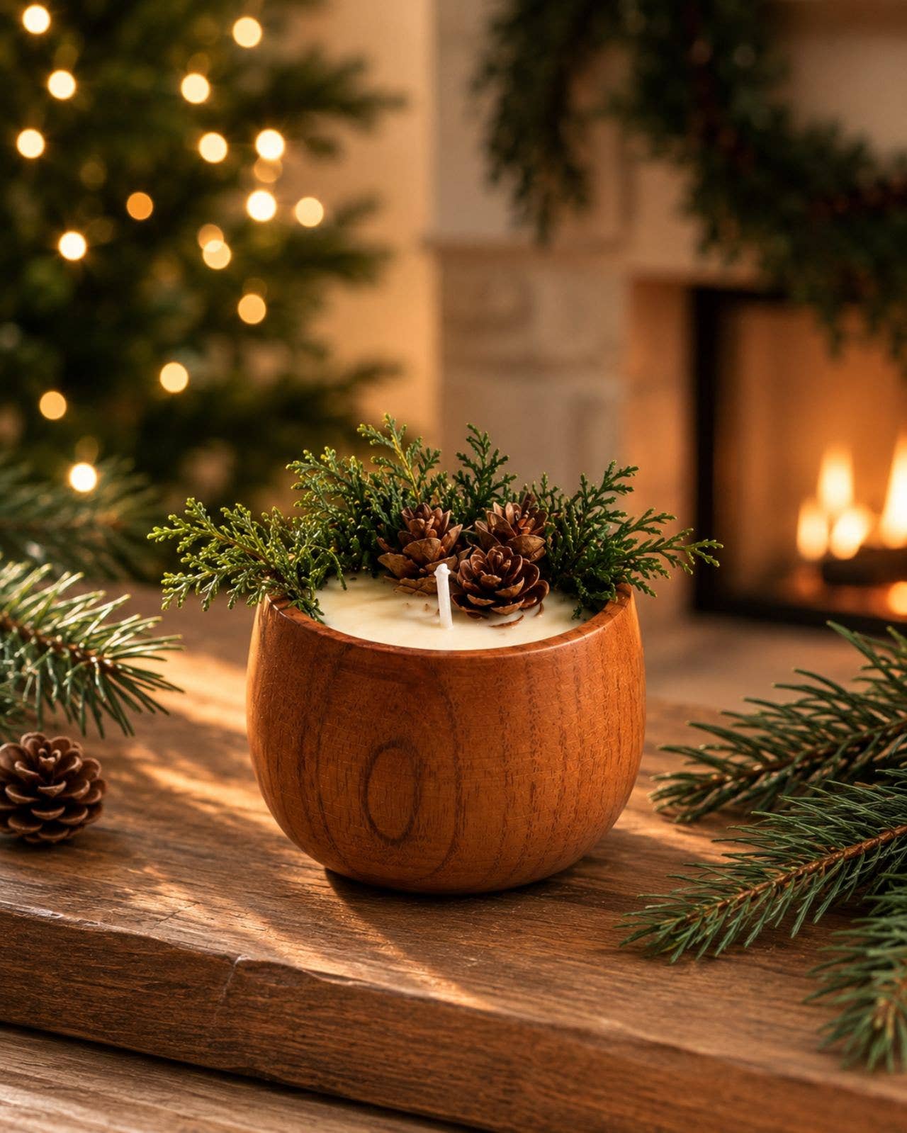 Winter Forest Soy Candle, Wooden Bowl Candle, Rustic Holiday