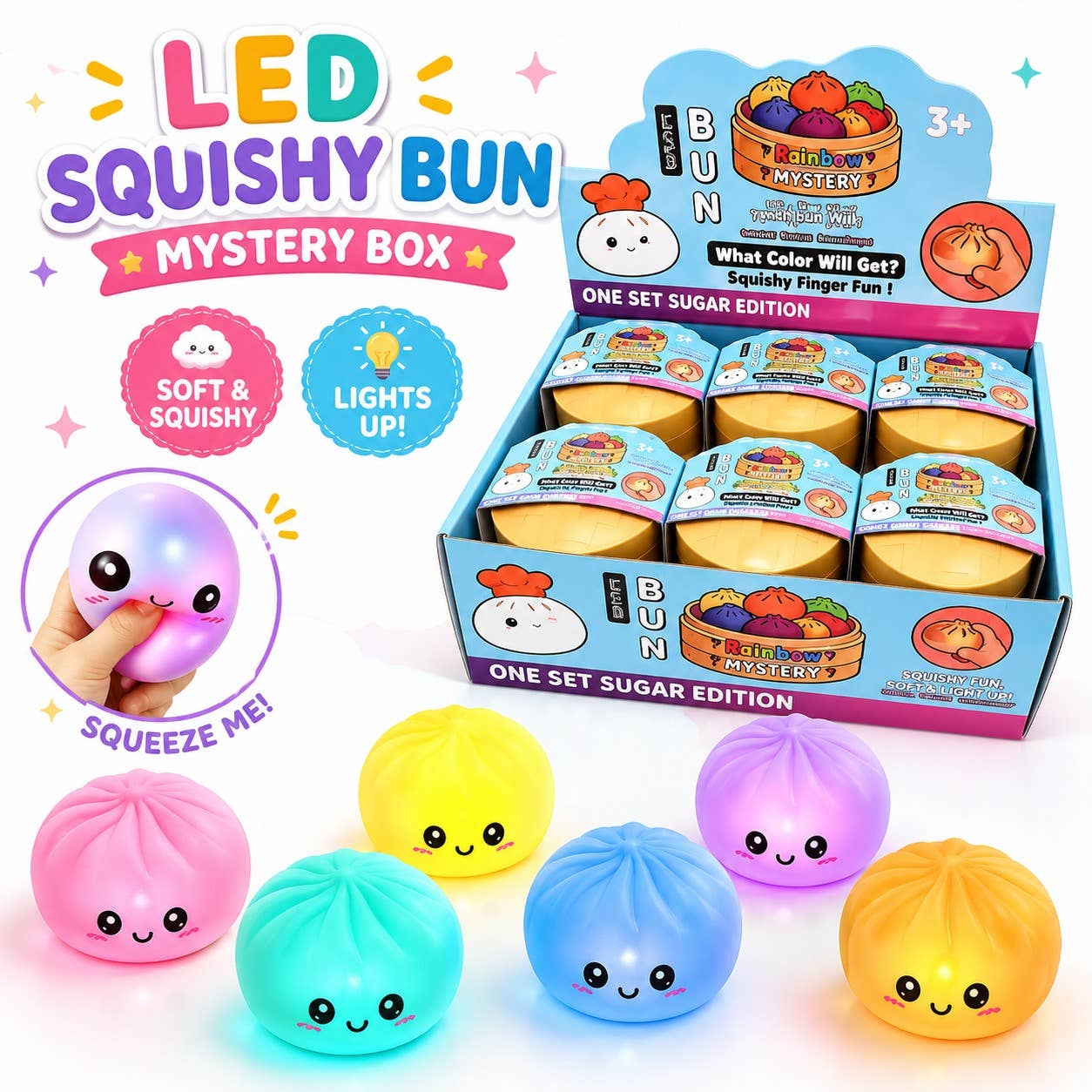 12pk LED Dumpling Bun Squishy Toy Assorted Colors Squeeze Fidget Toy Display Box