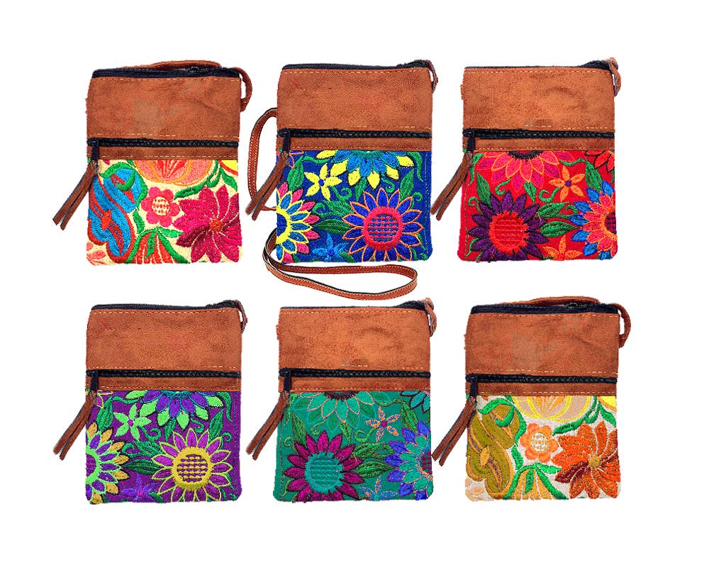 Small Embroidered Floral Leather Purse Passport Bag