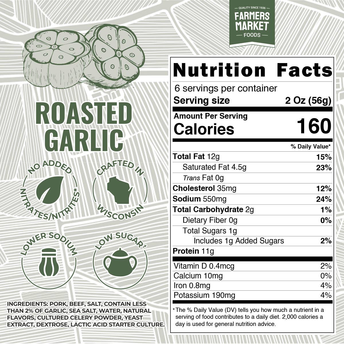 No Nitrate/Nitrite Roasted Garlic Summer Sausage 12oz