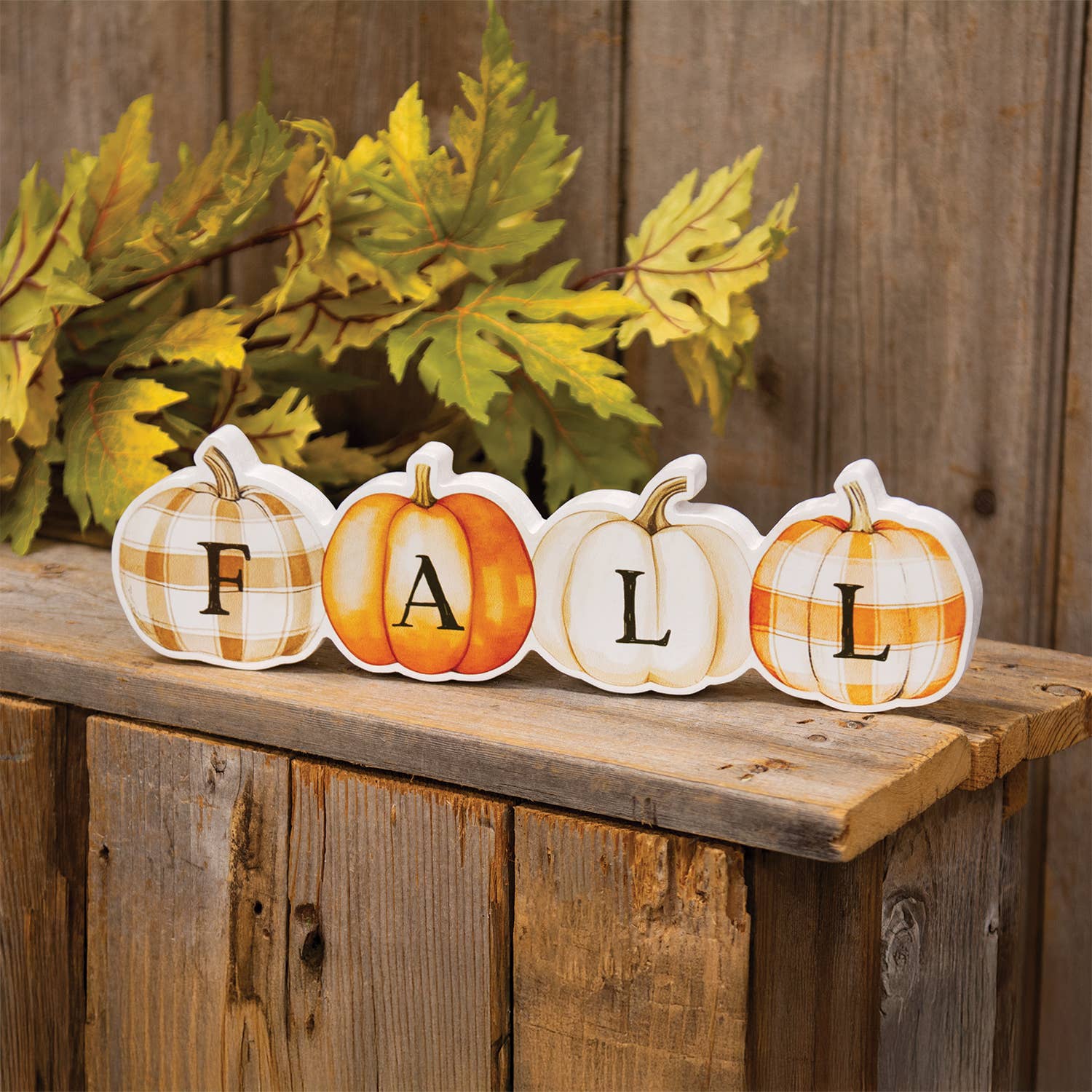Fall Patchwork Pumpkins Wooden Sitter