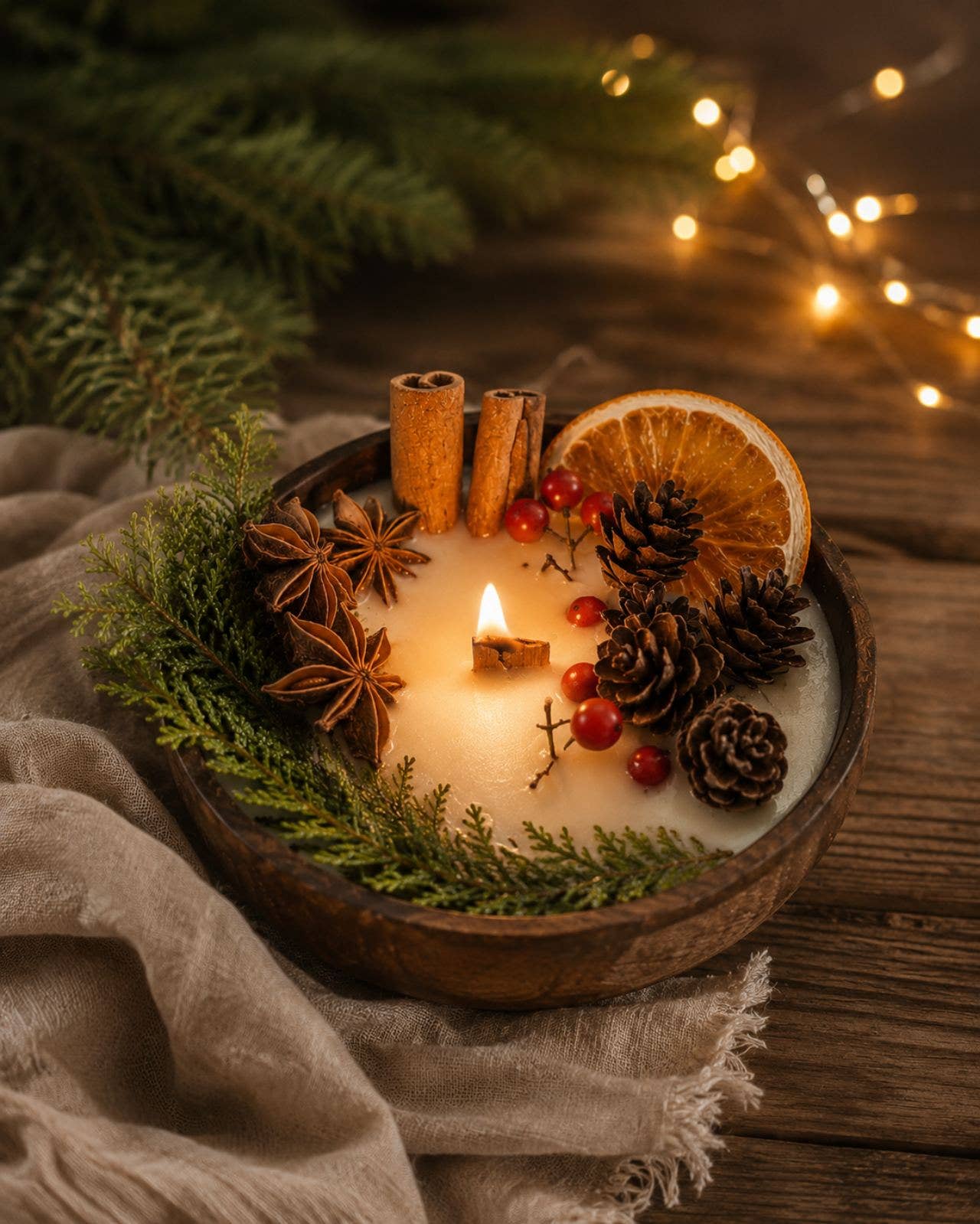 Christmas Wood Wick Candle in Wooden Bowl | Christmas Decor