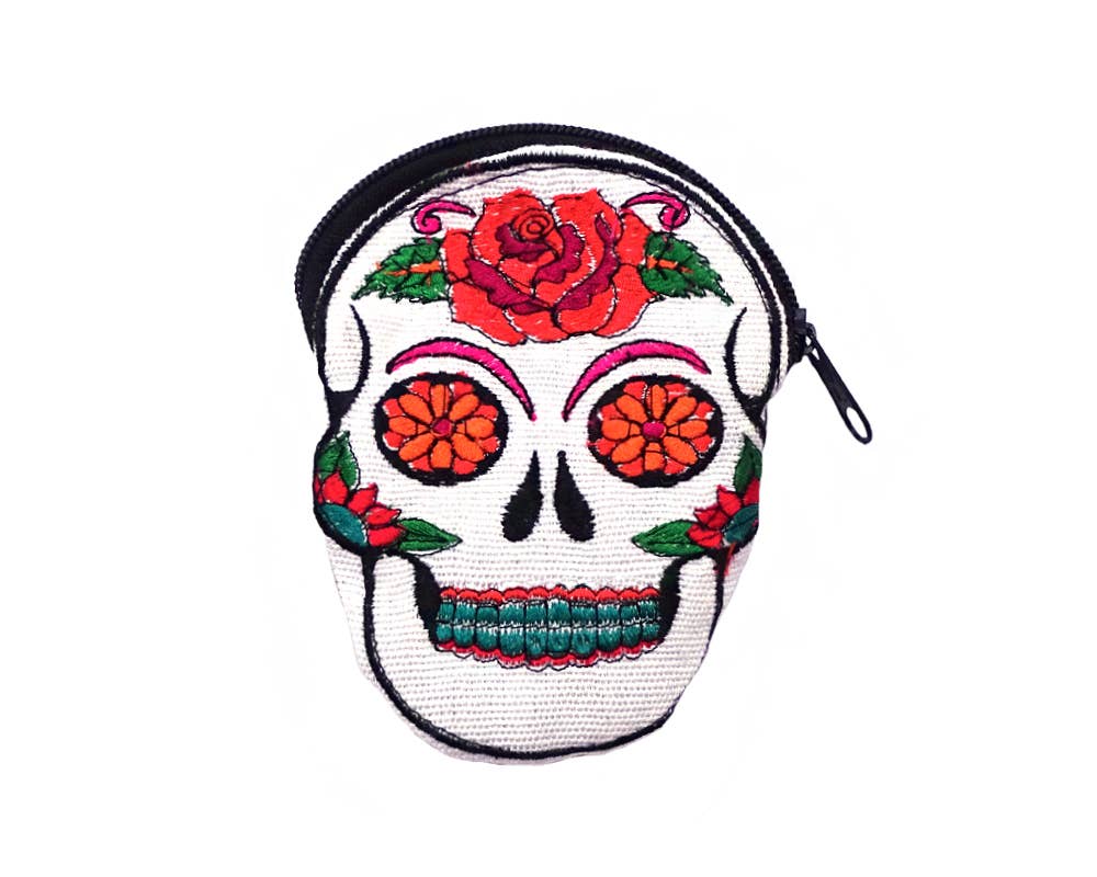 Sugar Skull Face Embroidered Floral Suede Coin Purse Pouch