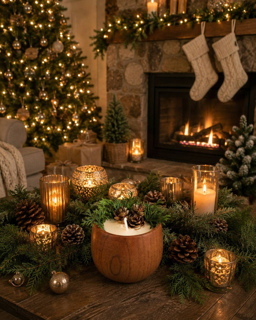 Winter Forest Soy Candle, Wooden Bowl Candle, Rustic Holiday