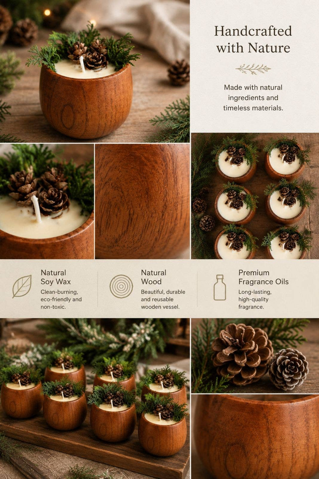 Winter Forest Soy Candle, Wooden Bowl Candle, Rustic Holiday