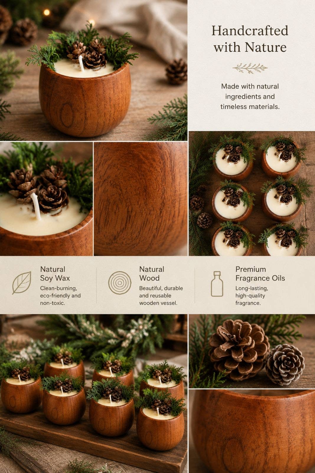 Winter Forest Soy Candle, Wooden Bowl Candle, Rustic Holiday