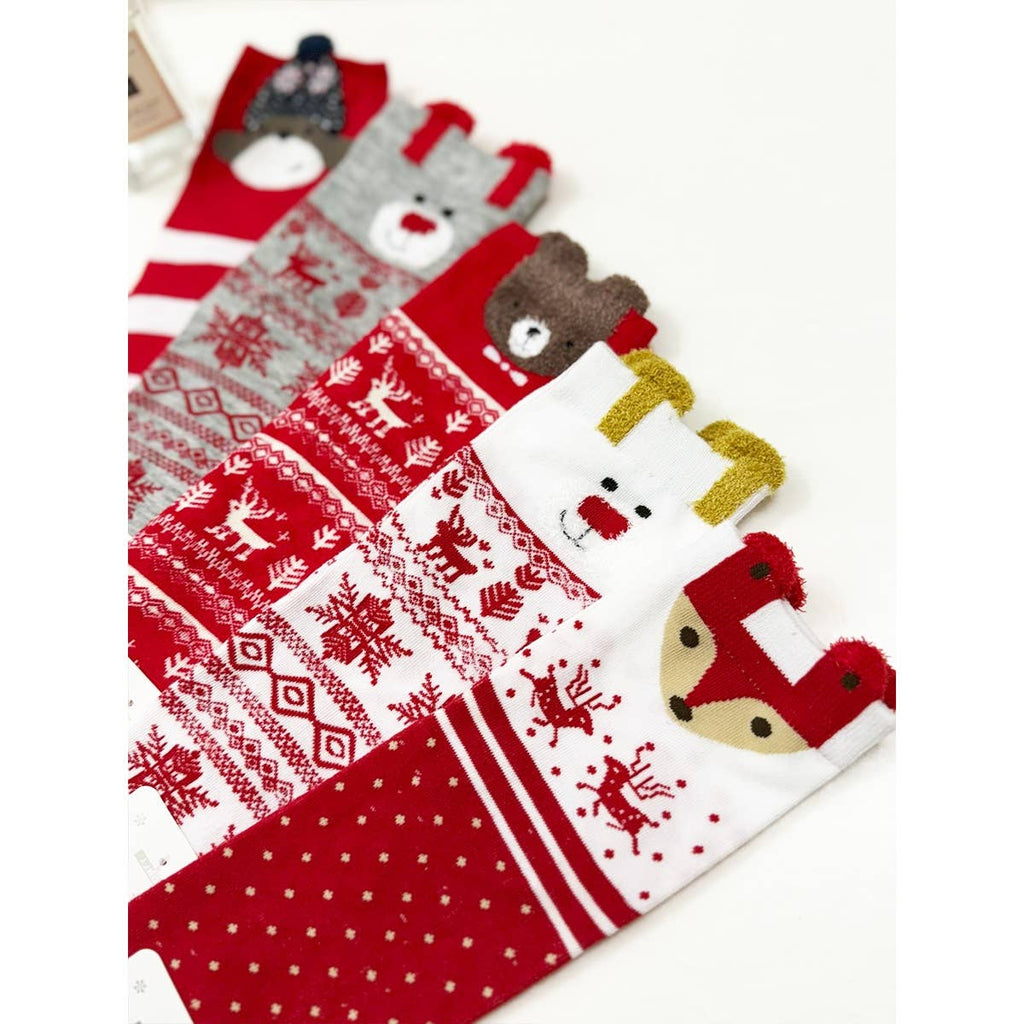 All Red Assorted Pattern Christmas Theme Socks