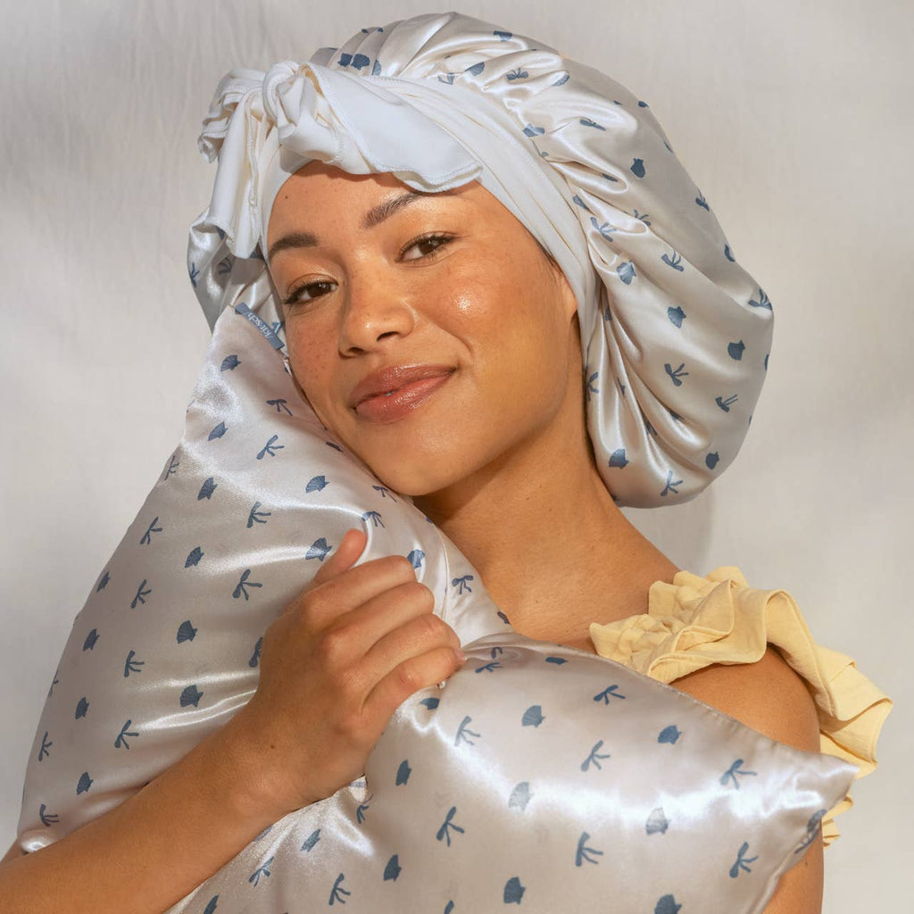 Standard Satin Pillowcase - Pearlized Cream & Coastal Blue Print