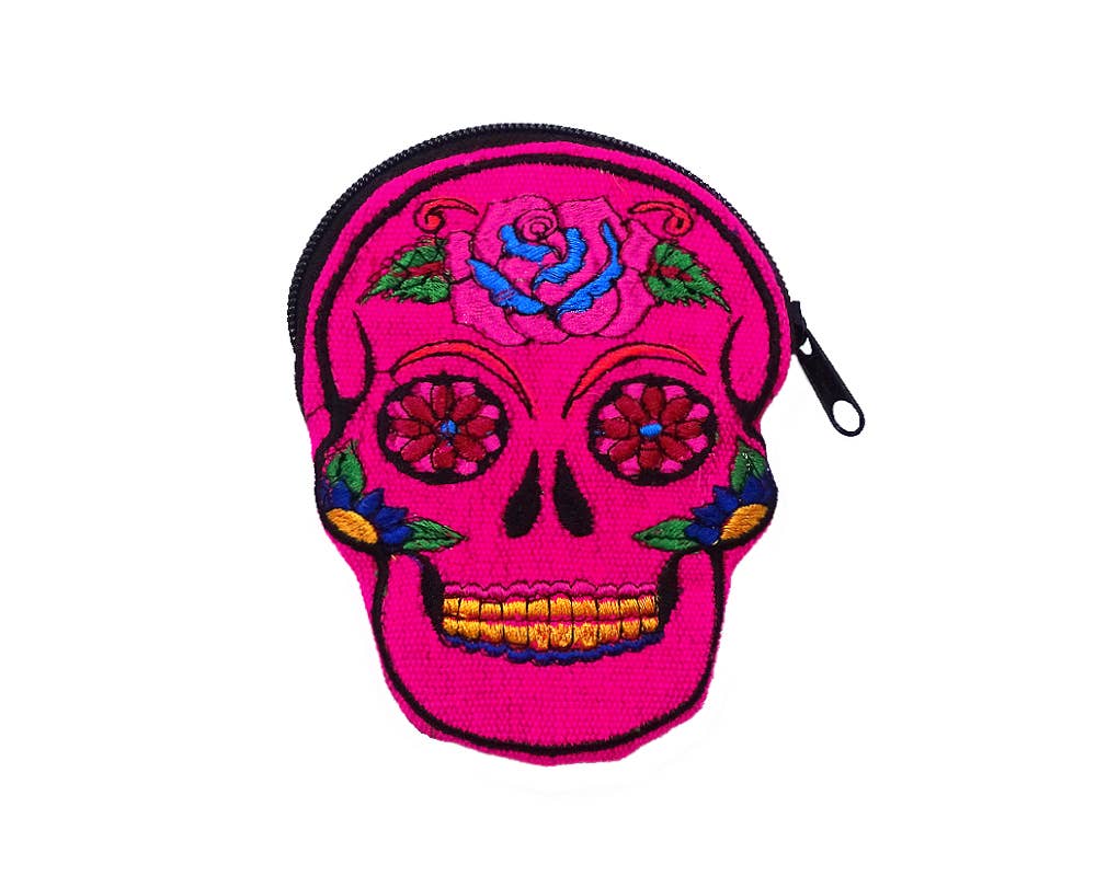 Sugar Skull Face Embroidered Floral Suede Coin Purse Pouch