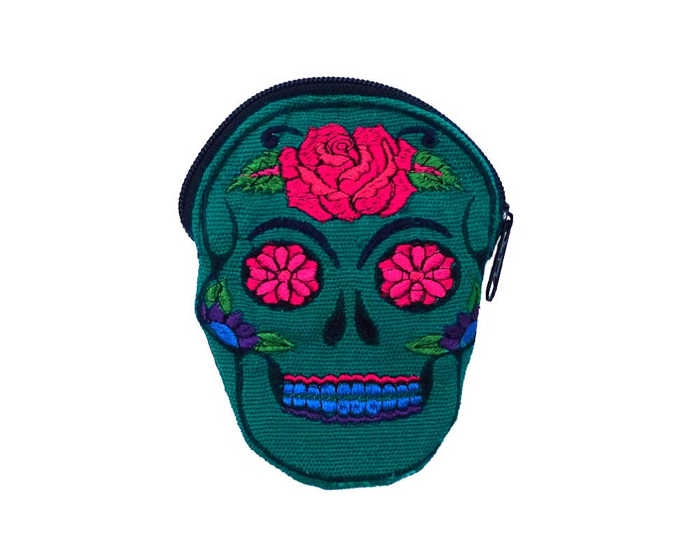Sugar Skull Face Embroidered Floral Suede Coin Purse Pouch