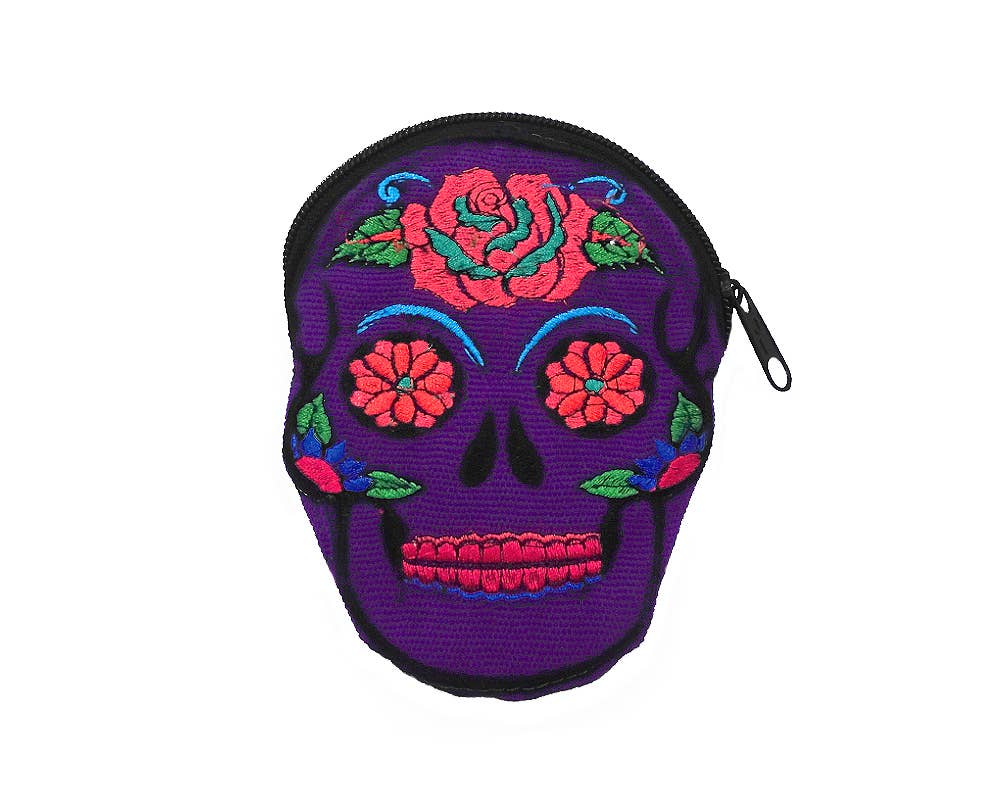 Sugar Skull Face Embroidered Floral Suede Coin Purse Pouch