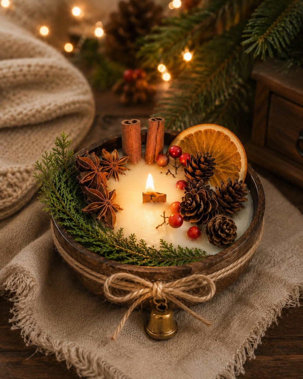 Christmas Wood Wick Candle in Wooden Bowl | Christmas Decor