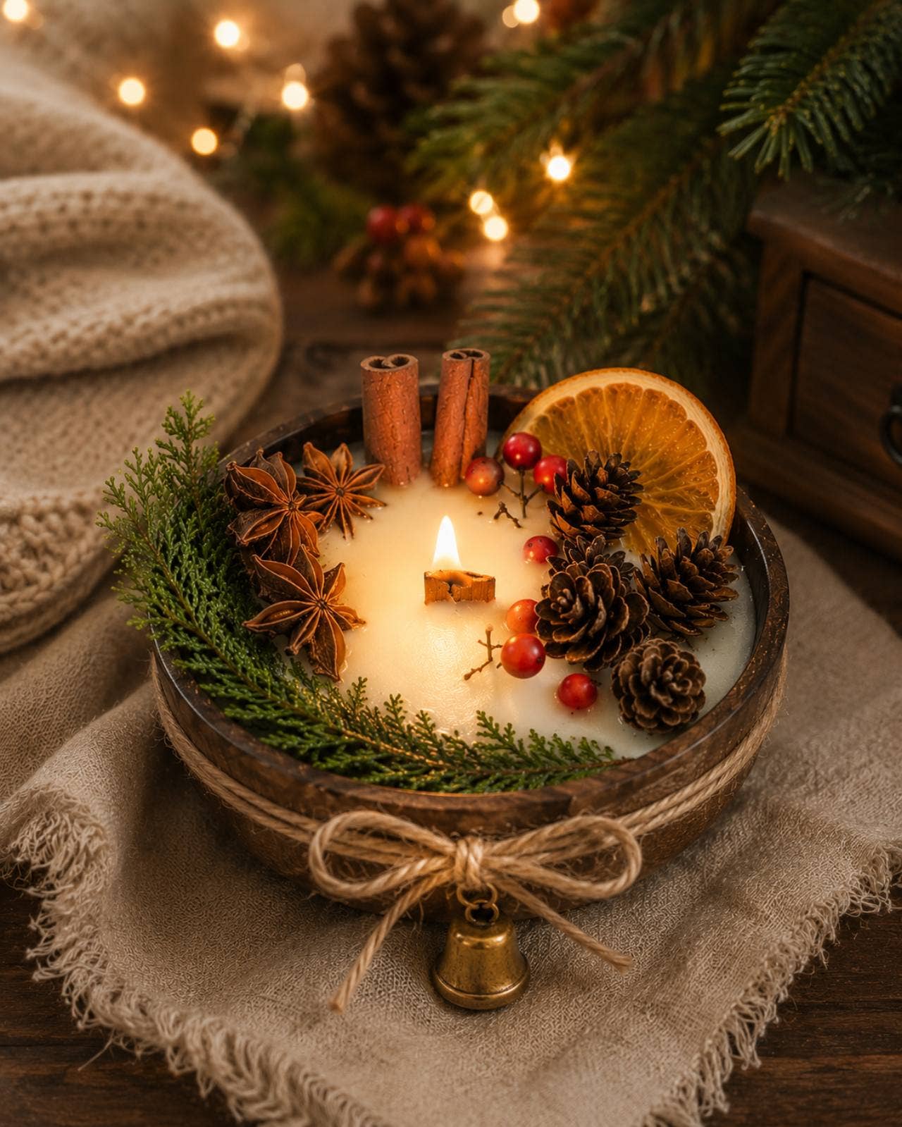 Christmas Wood Wick Candle in Wooden Bowl | Christmas Decor
