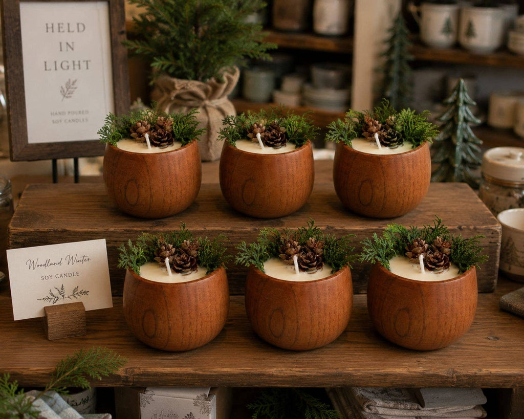Winter Forest Soy Candle, Wooden Bowl Candle, Rustic Holiday