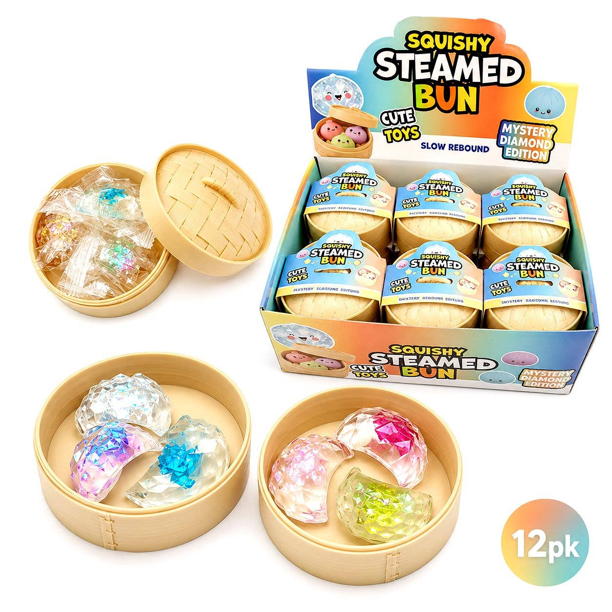 Mini Crystal Dumpling Bun Squishy Toy Set with 3 Flat Steamed Bun Pieces