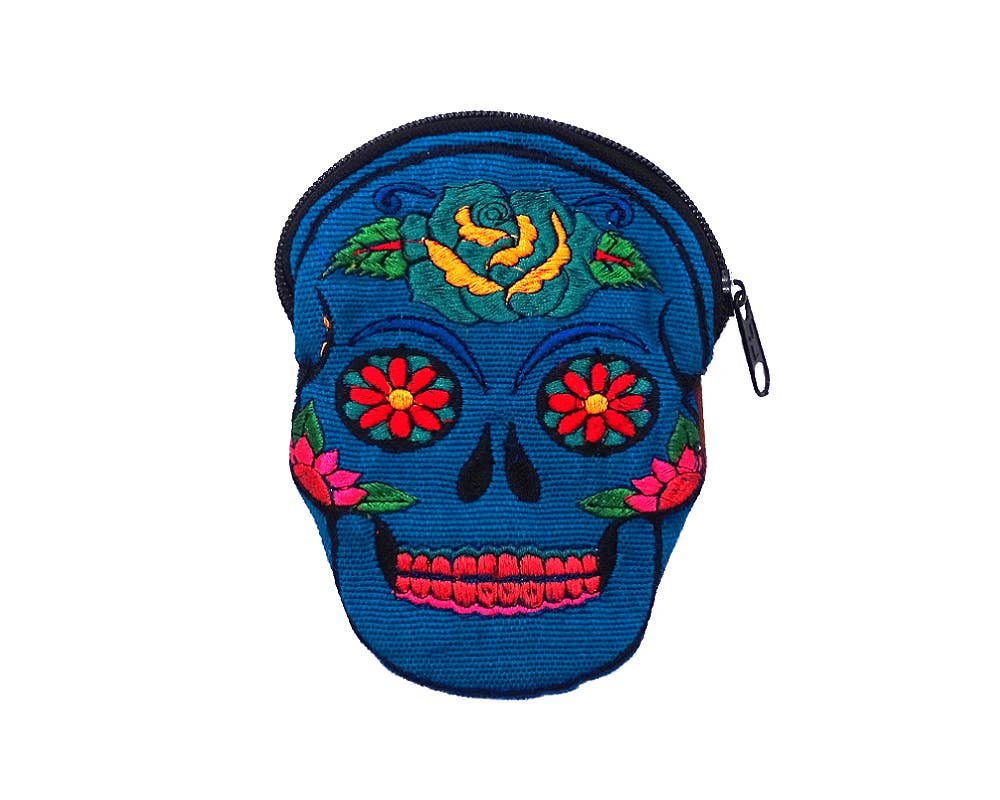 Sugar Skull Face Embroidered Floral Suede Coin Purse Pouch