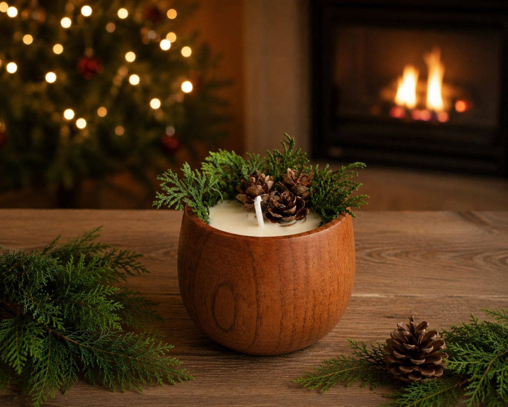 Winter Forest Soy Candle, Wooden Bowl Candle, Rustic Holiday
