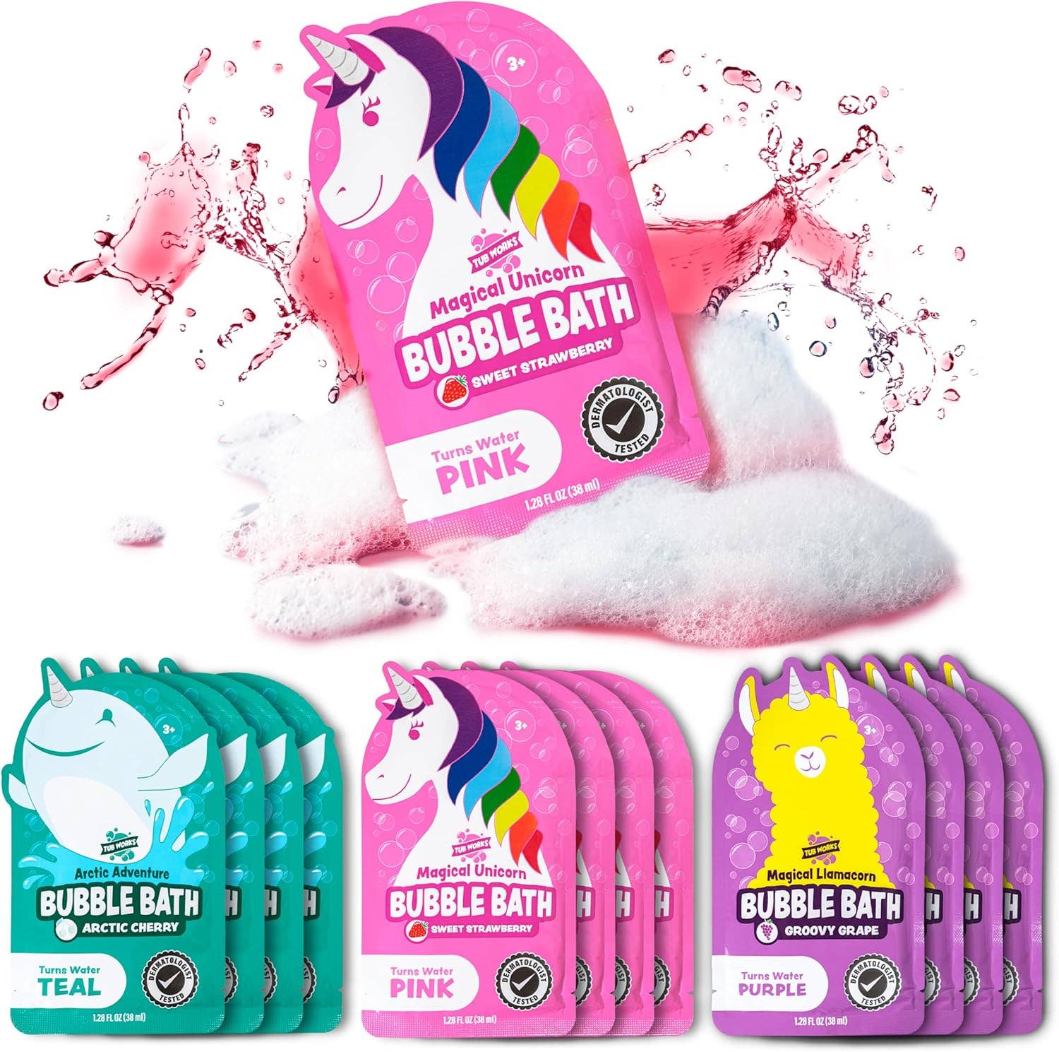 Tub Works® Magical Kids Bubble Bath, Variety 12 Pack | Pink, Purple & Teal Bath Colors